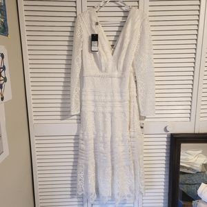 TADASHI SHOJI CLIO LACE & FRINGE LONG SLEEVE MIDI DRESS